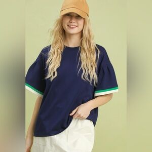 Umgee Contrast Trim Bell Sleeve Top